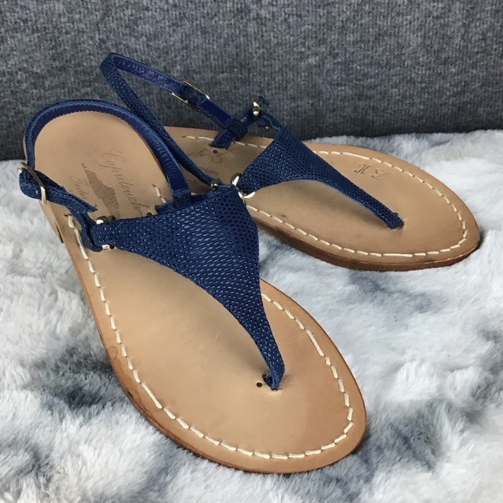 Handmade Capritouch Women's Leather Flat Flip Flops Thong‎ Sandals Blue Sz 36